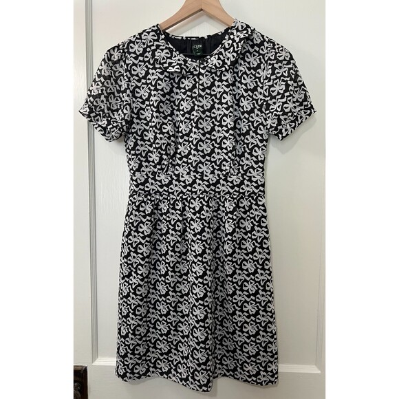 J Crew Women's Black White Bow Print Short Sleeve Dress Size 2 - Picture 1 of 8